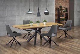Set masa extensibila din MDF si metal Derecho Stejar / Negru + 4 scaune tapitate cu stofa Kai-409 Gri / Negru, L160-200xl90xH75 cm