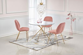 Set masa rotunda din sticla si metal Rodney Transparent / Auriu + 4 scaune tapitate cu stofa Kai-381 Velvet Roz / Auriu, Ø110xH74 cm