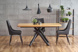 Set masa extensibila din MDF si metal Derecho Stejar / Negru + 4 Scaune tapitate cu stofa si picioare metalice Kai-369 Gri inchis / Negru, L160-200xl90xH75 cm