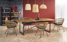 Set masa extensibila din MDF, furnir si metal, Alvarado Stejar / Negru + 4 Scaune din ratan sintetic cu picioare metalice Kai-456 Natural / Negru, L180-240xl90xH77 cm