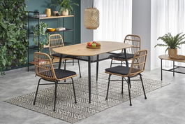 Set masa din MDF si metal, Jackie Stejar Auriu / Negru + 4 Scaune din ratan sintetic cu picioare metalice Kai-401 Natural / Negru, L160xl90xH77 cm
