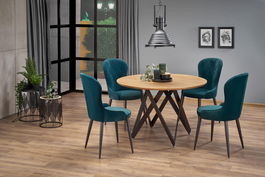 Set masa rotunda din MDF si metal, Mozare Stejar Auriu / Negru + 4 Scaune tapitate cu stofa si picioare metalice Kai-366 Velvet Verde inchis / Negru, Ø120xH75 cm