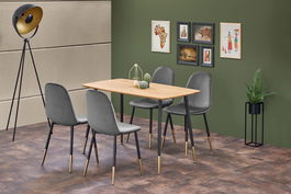 Set masa din MDF si metal, Tropolida Stejar / Negru / Auriu + 4 Scaune tapitate cu stofa si picioare metalice, Kai-379 Velvet Gri / Negru / Auriu, L120xl70xH76 cm