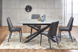 Set masa extensibila din sticla si metal Capeland Gri inchis / Negru + 4 Scaune tapitate cu stofa si piele ecologica si picioare metalice Kai-368 Gri inchis / Negru, L180-240xl95xH77 cm