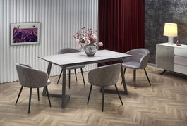 Set masa extensibila din sticla, MDF si metal, Tyzenna Gri Deschis / Gri Inchis + 4 Scaune tapitate cu stofa si picioare metalice, Kai-430 Velvet Gri / Negru, L160-210xl90xH76 cm