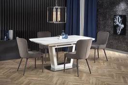 Set masa extensibila din sticla, MDF si metal, Blanchard Marmura / Alb + 4 Scaune tapitate cu stofa si picioare metalice, Kai-425 Velvet Gri, L160-200xl90xH76 cm