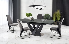 Set masa extensibila din MDF, sticla si metal, Patty Gri Inchis / Negru + 4 Scaune tapitate cu stofa si picioare metalice, Kai-485 Velvet Gri / Negru, L160-200xl90xH77 cm