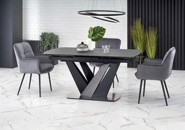 Set masa extensibila din MDF, sticla si metal, Patty Gri Inchis / Negru + 4 Scaune tapitate cu stofa si picioare metalice, Kai-463 Velvet Gri / Negru, L160-200xl90xH77 cm