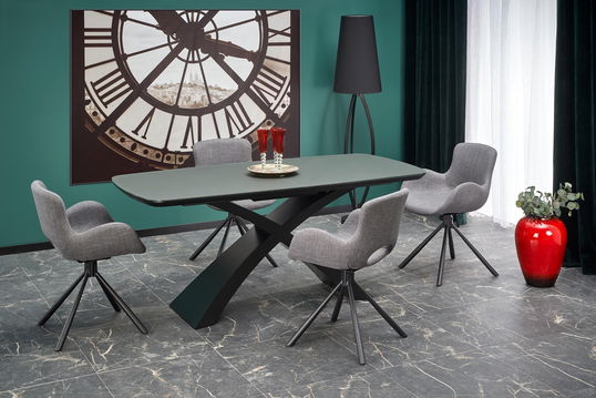 Set masa extensibila din MDF si sticla, Silvanis Gri Inchis / Negru + 4 Scaune tapitate cu stofa si picioare metalice, Kai-475 Gri / Negru, L180-220xl89xH75 cm