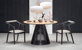 Set masa rotunda din MDF, furnir si lemn de fag, Maylin Natural / Negru + 4 Scaune tapitate cu stofa si picioare din lemn, Azzan Velvet Gri / Negru, Ø120xH77 cm