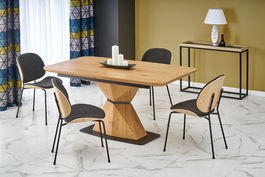 Set masa extensibila din MDF si metal, Diamantis Stejar Auriu / Negru + 4 Scaune din pal tapitate cu stofa si picioare metalice, Kai-467 Gri Inchis / Natural / Negru, L160-200xl89xH76 cm
