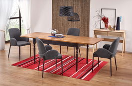 Set masa extensibila din MDF, pal si lemn de fag, Rocio Stejar Inchis / Negru + 4 Scaune tapitate cu stofa si picioare metalice, Kai-477 Gri / Negru, L140-220xl80xH76 cm