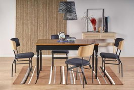 Set masa extensibila din MDF, pal si lemn de fag, Rocio Stejar Inchis / Negru + 4 Scaune din pal tapitate cu stofa si picioare metalice, Samart Velvet Gri Inchis / Natural / Negru, L140-220xl80xH76 cm