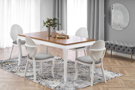Set masa extensibila din furnir si lemn, Wynton Stejar Inchis / Alb + 4 Scaune din lemn de fag tapitate cu stofa Verity Alb / Gri, L160-240xl90xH76 cm