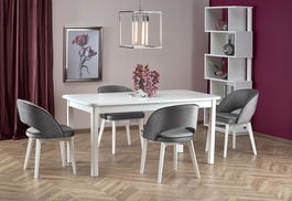 Set masa extensibila din MDF si pal, Florrie Alb + 4 Scaune tapitate cu stofa si picioare din lemn de fag, Maribel Velvet Gri / Alb, L141-219xl80xH78 cm