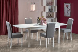 Set masa extensibila din MDF si pal, Florrie Alb + 4 Scaune tapitate cu stofa, cu picioare din lemn Clarinda Gri / Alb, L141-219xl80xH78 cm