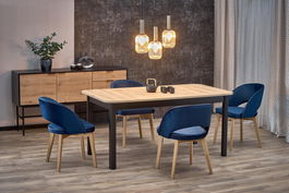 Set masa extensibila din MDF si pal, Florrie Stejar Artisan / Negru + 4 Scaune tapitate cu stofa si picioare din lemn de fag, Maribel Velvet Bleumarin / Stejar, L141-219xl80xH78 cm