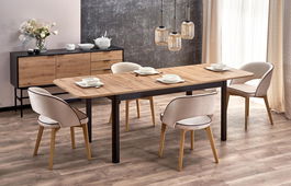 Set masa extensibila din MDF si pal, Florrie Stejar Artisan / Negru + 4 Scaune tapitate cu stofa si picioare din lemn de fag, Maribel Velvet Crem / Stejar, L141-219xl80xH78 cm