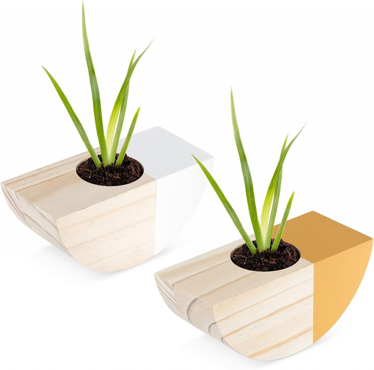 Set de 2 ghivece suspendate Navaris, lemn, natur/alb/galben, 18 x 8 x 8 cm