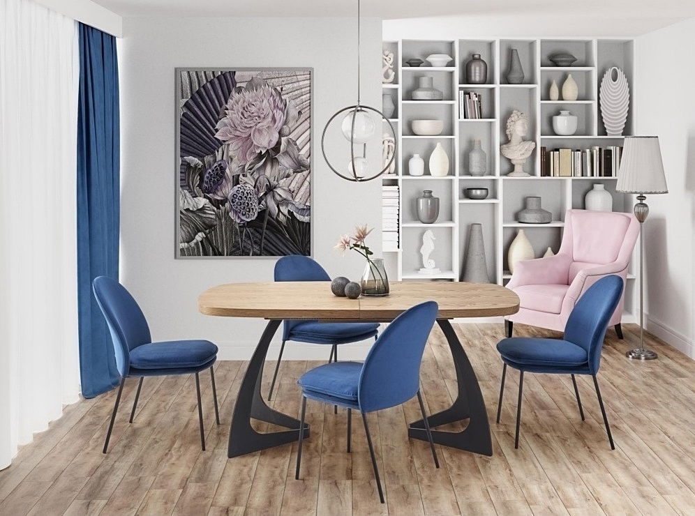 Set masa extensibila din MDF, furnir si metal, Velanis Stejar / Negru + 4 Scaune tapitate cu stofa si picioare metalice, Kai-443 Velvet Albastru Inchis / Negru, L160-200xl90xH75 cm
