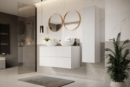 Set Mobilier pentru baie, din pal si MDF, 8 piese, 120 cm, Nicole Alb / Auriu