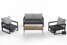 Set mobilier gradina / terasa, Matis MTLKNP003 Gri / Negru, canapea 2 locuri + 2 fotolii fixe + masa de cafea