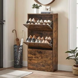 Pantofar cu 3 usi, Vasagle, 12-18 perechi pantofi, 60x24x120 cm, maro rustic