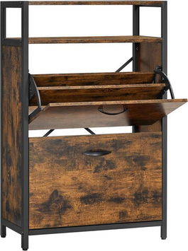 Pantofar cu 2 usi, Vasagle, 8-12 perechi pantofi, 60x30x95 cm, PAL/otel, maro rustic
