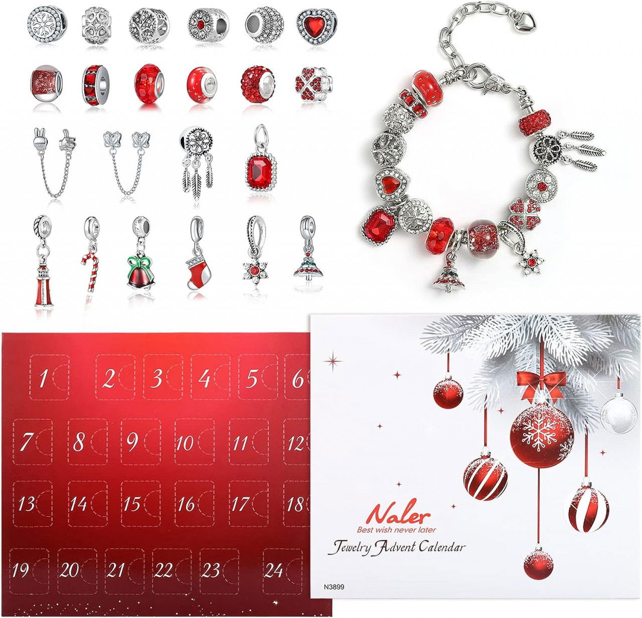 Calendar de advente cu 24 pandative Naler, metal, rosu/argintiu, 175 X 200 X 15 mm