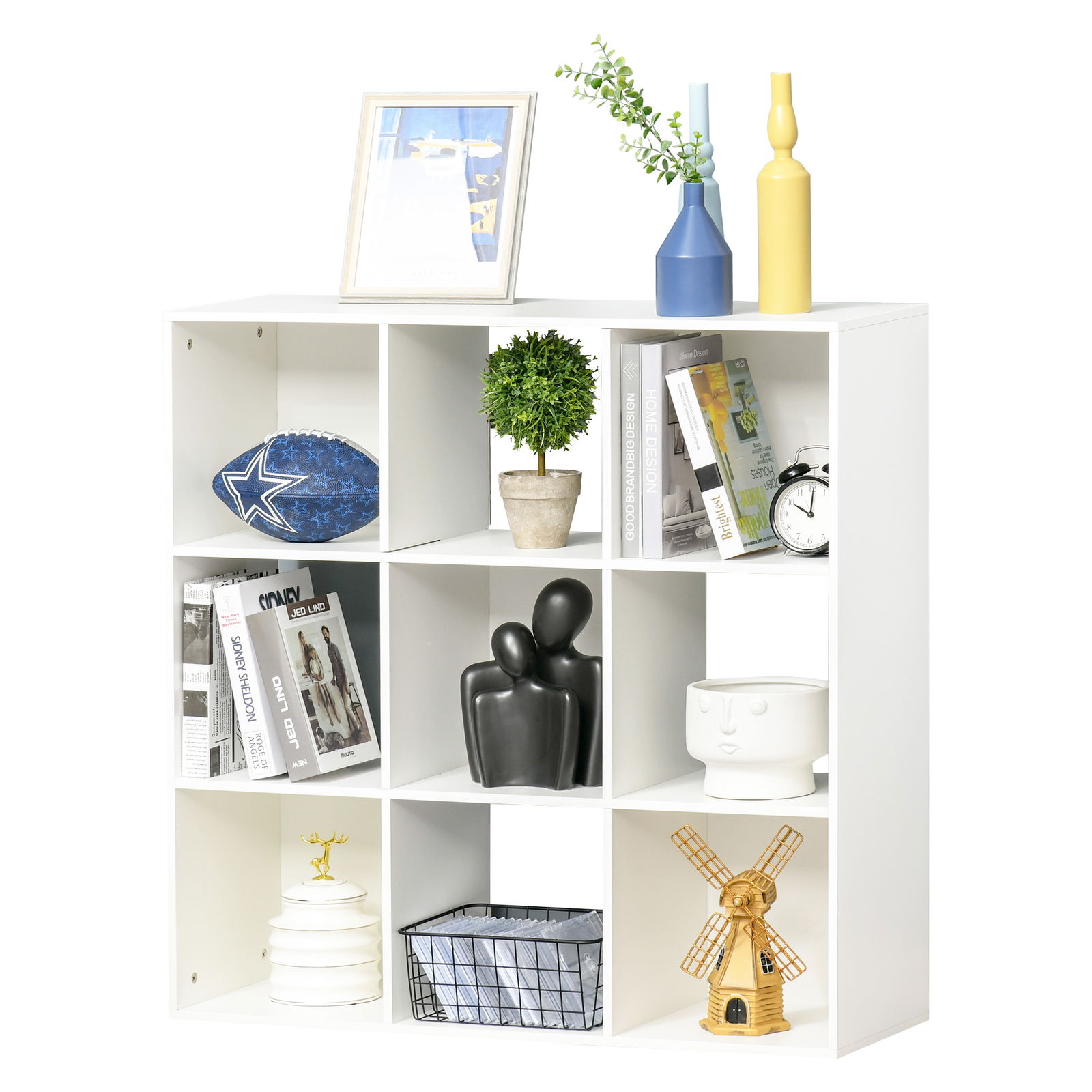 HOMCOM Biblioteca Albă pentru Casa si Birou, Raft cu Design Modern cu 9 Compartimente din Lemn, 91,5 x 29,5 x 91,5 cm