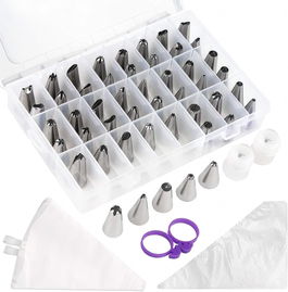 Set de duze si accesorii pentru decorare prajituri HAKACC, metal/silicon, argintiu/alb, 84 piese, 21 x 13 x 3,6 cm