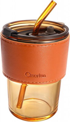 Pahar cu capac si husa antiderapanta OMerima, sticla/piele PU, maro, 450 ml