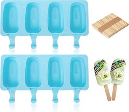 Set de matrita de inghetata cu 100 de bastonase AIXMEET, silicon/lemn, albastru/natur, 26 x 14,5 x 2,5 cm