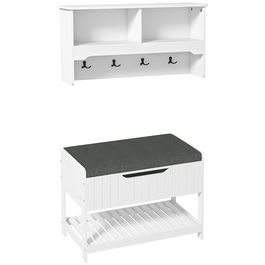 HOMCOM Mobila Cuier de Perete cu Banca Suport pentru Pantofi Dotata cu Cuburi de Perete, 4 Carlige si Raft Retractabil, 80x20x40 cm, Alb