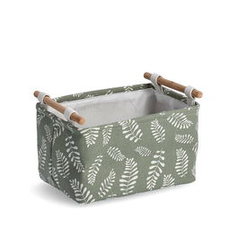 Cos pentru depozitare si organizare cu manere, din bumbac, poliester si lemn, Leaves Small Verde Olive, L30,5xl21xH18 cm