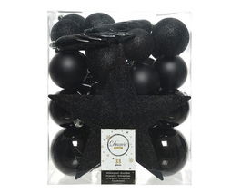 Cutie cu 33 globuri asortate si varf de brad Star Black, Decoris, plastic, negru