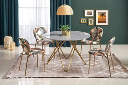 Set masa rotunda din MDF si metal Bonita Gri / Auriu + 4 scaune tapitate cu stofa Kai-398 Multicolor / Auriu, Ø120xH76 cm