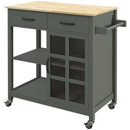 HOMCOM Carucior de Bucatarie din Lemn, MDF si Sticla cu Dulapior, 2 Sertare si Suport pentru Prosoape 88.5x46x91.5 cm, Gri si Lemn Natur
