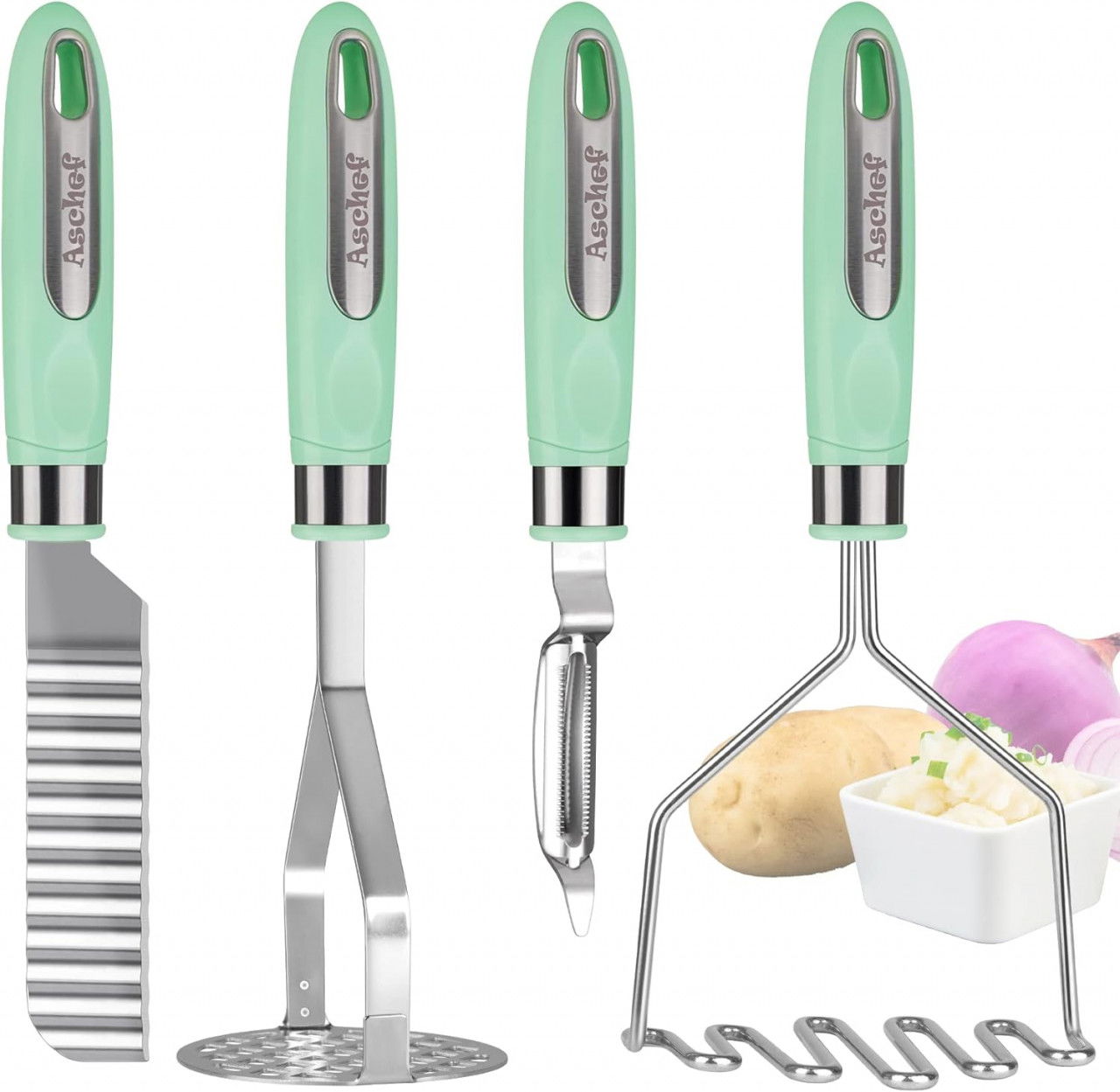 Set de 4 ustensile de bucatarie Aschef, otel inoxidabil/plastic, verde/argintiu
