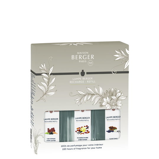 Set 3 parfumuri pentru lampa catalitica Berger Holly Mystic Leather & Elixir Tonka & Poussiere d`Ambre 3 x 250ml