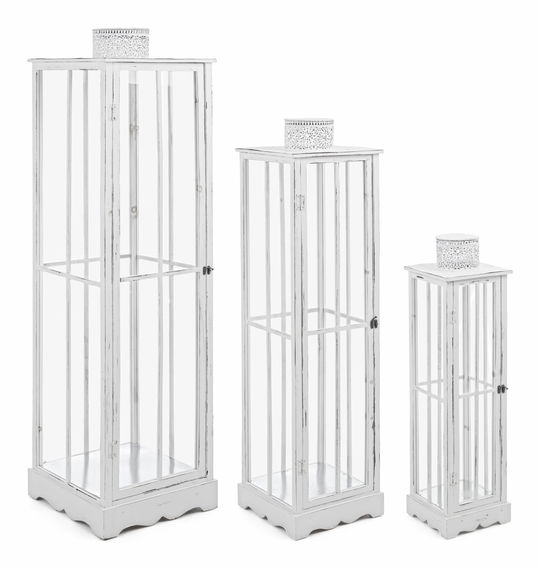 Set 3 felinare decorative din lemn, sticla si metal, Astana Alb Antichizat, L24xl24xH90 cm / L32xl32xH125 cm / L40xl40xH150 cm