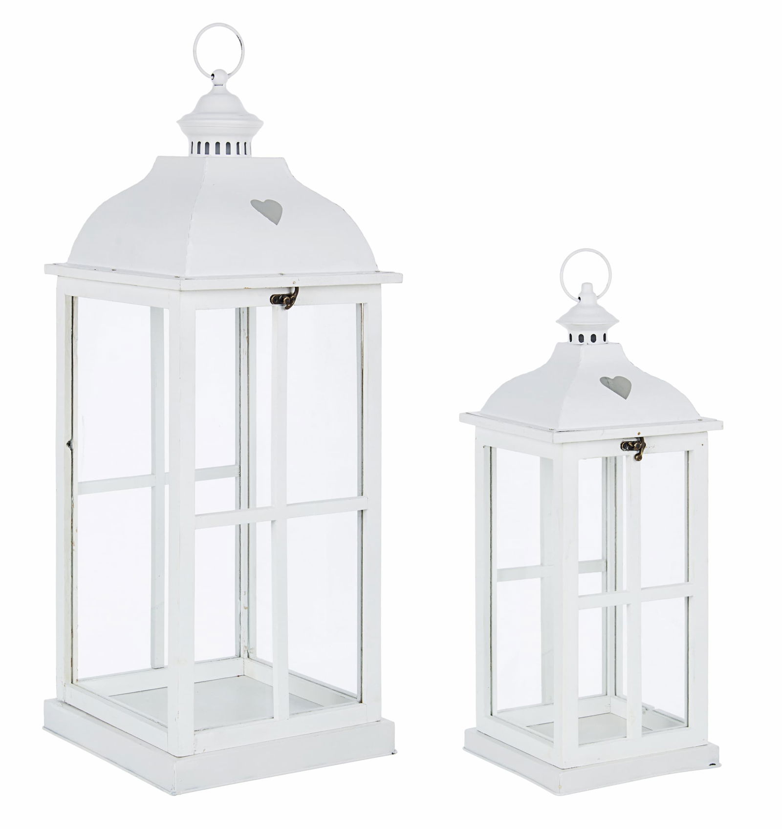 Set 2 felinare decorative din lemn, sticla si metal, Cross Square Alb, L19,5xl19,5xH49,5 cm / L22,5xl22,5xH67,5 cm