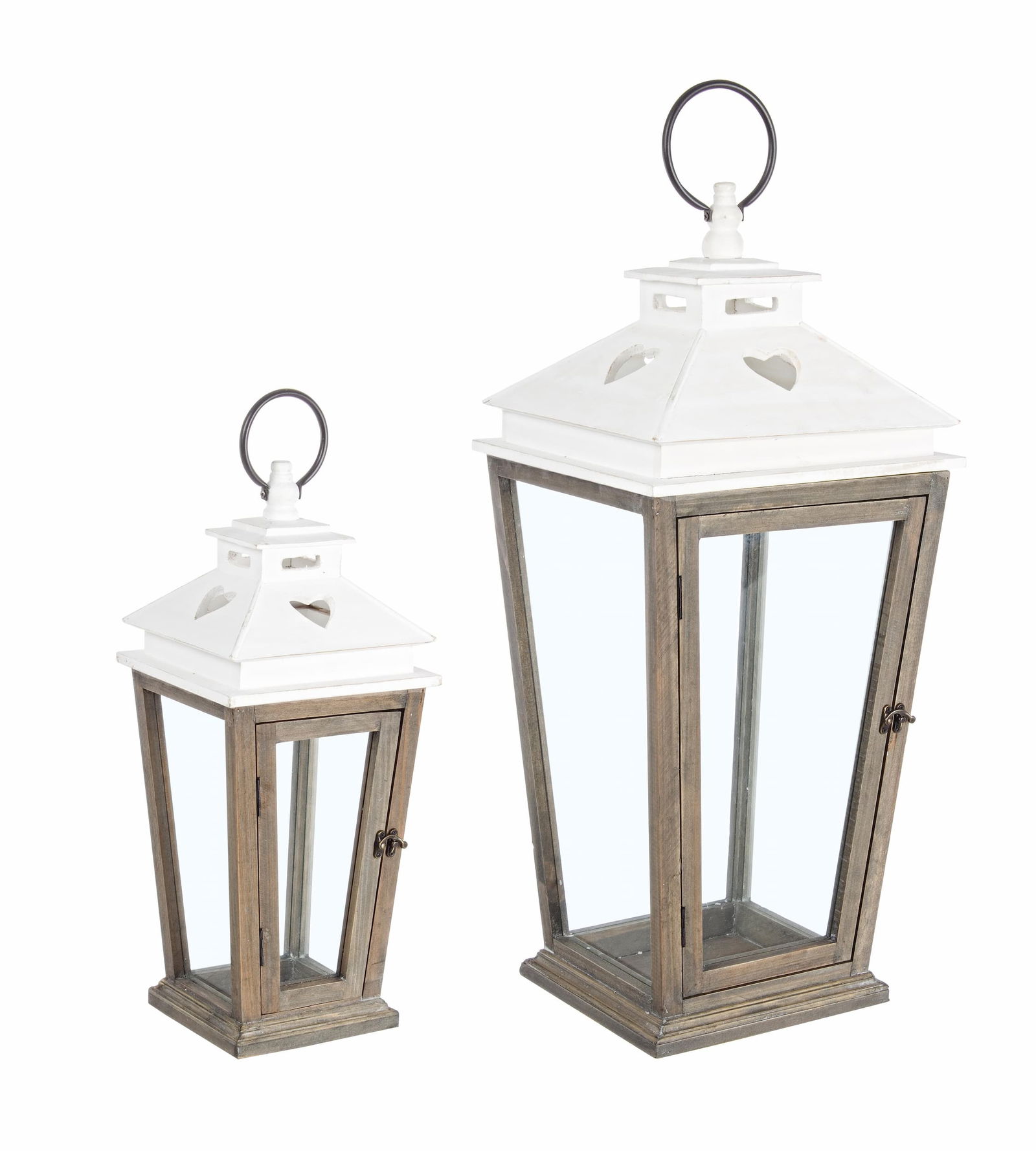 Set 2 felinare decorative din lemn, sticla si metal, Heart Alb / Natural, L24xl24xH51 cm / L32xl32xH73 cm