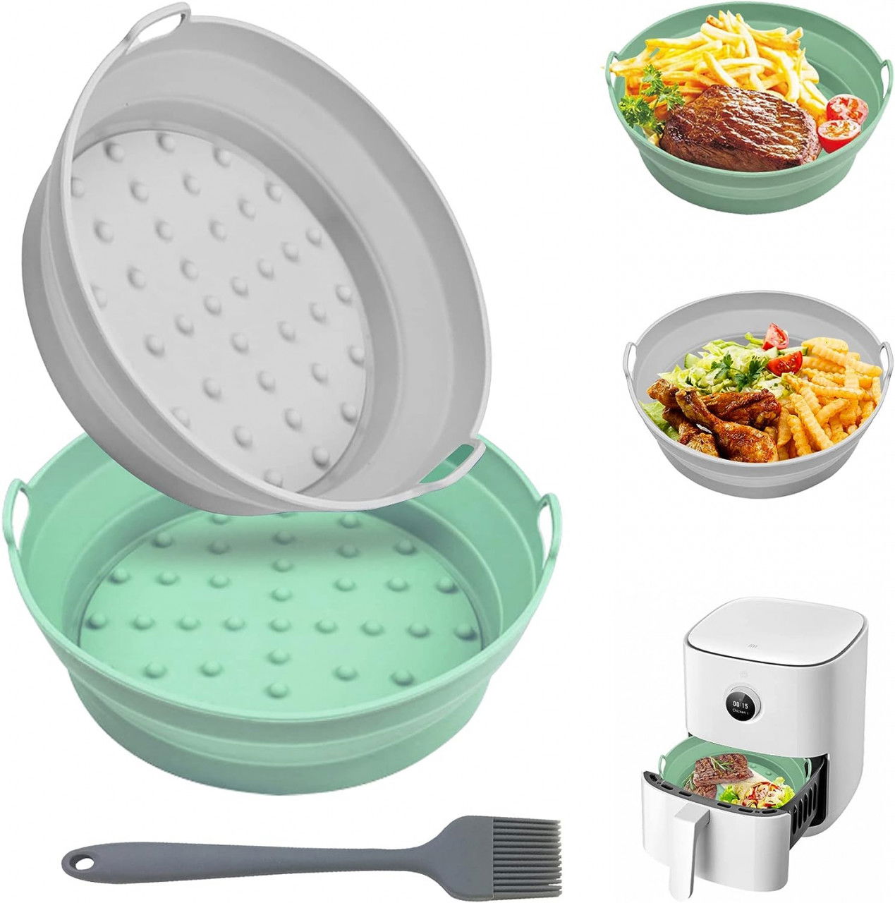 Set de 2 vase pentru friteuza cu aer si o pensula Cotop, silicon, verde/gri, 21,5 x 6 x 18 cm
