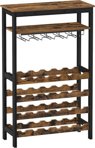 Dulap pentru sticle de vin Songmics, 24 sticle, 66 x 30 x 100 cm, MDF/bambus/otel, maro rustic