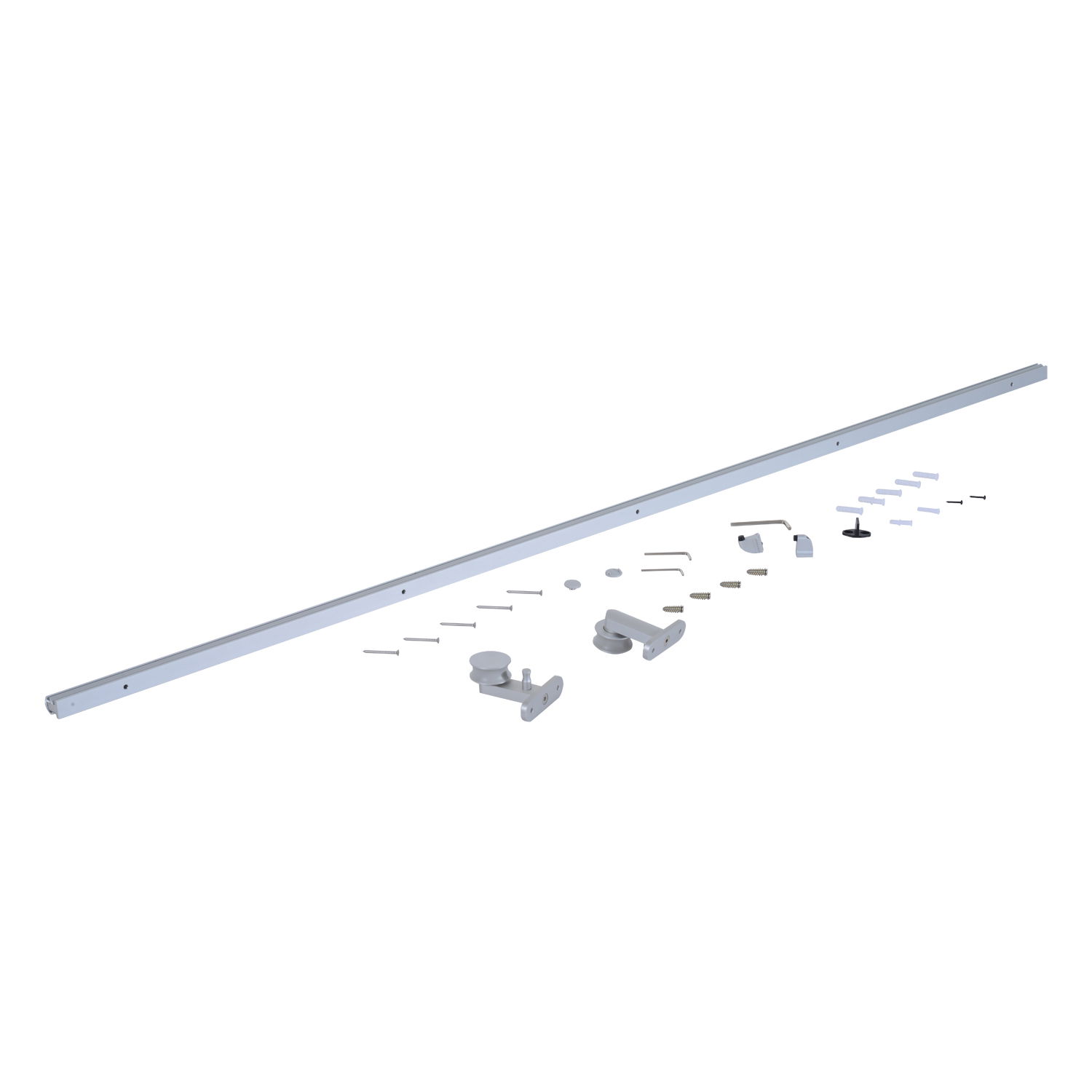 Kit de asamblare usi glisante HOMCOM cu sina, opritoare si ghidaj Capacitate maxima 150 kg, din aliaj de aluminiu 200x3,15x2,5 cm, argintiu