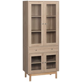 HOMCOM Dulap modern cu usi din sticla si sertar, dulap de bucatarie din lemn cu rafturi reglabile si baza inaltata, 76x40x183cm, culoarea lemnului