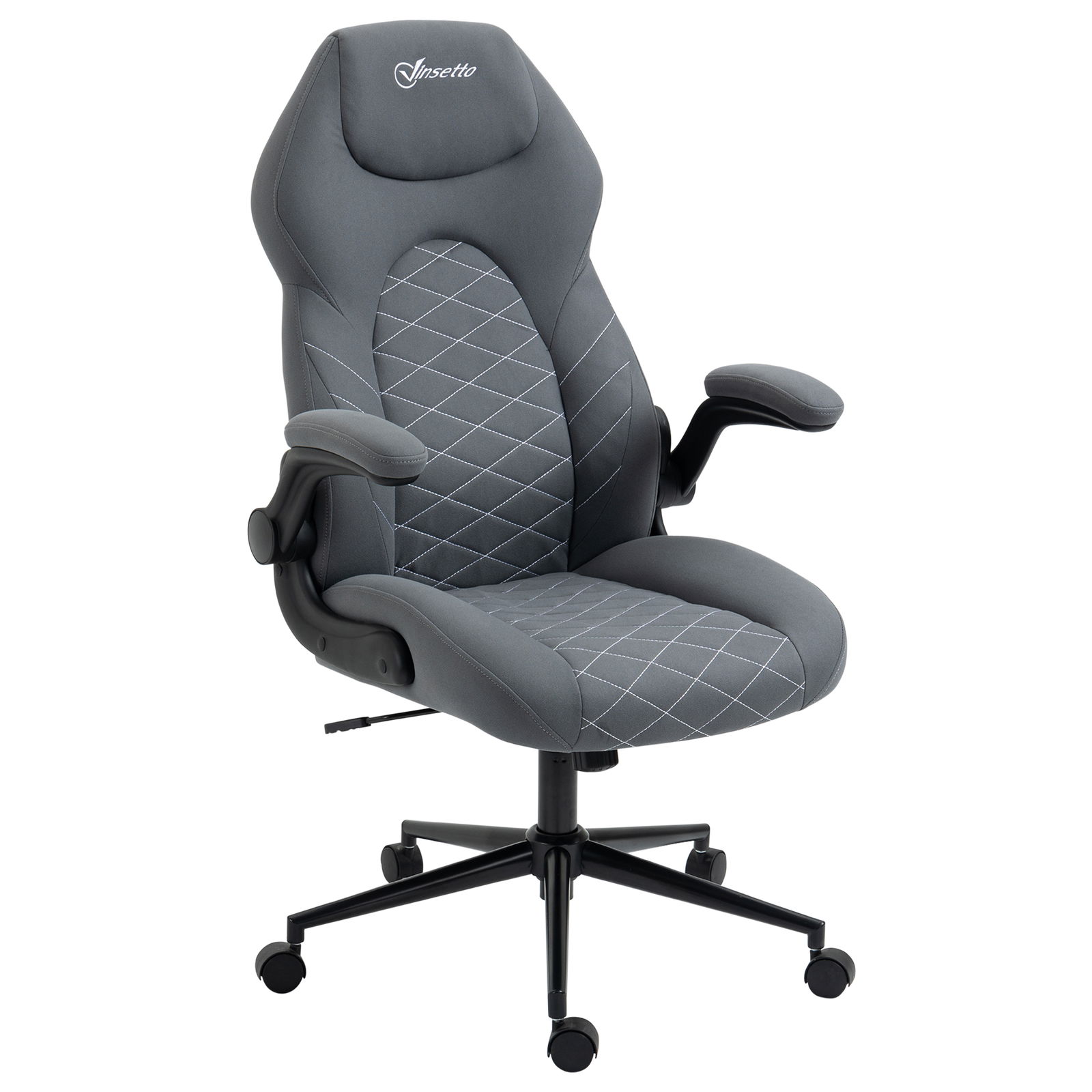 Scaun de birou ergonomic Vinsetto cu înălțime reglabilă și cotiere rabatabile, scaun înclinabil cu 5 roți, 65,5x69,5x112-122 cm, de culoare gri închis