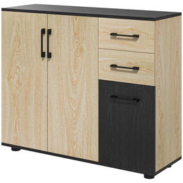 Bufet modern HOMCOM cu 2 dulapuri și 2 sertare, bufet de bucătărie cu raft reglabil, 90x30x75,5 cm, de culori nuc și negru
