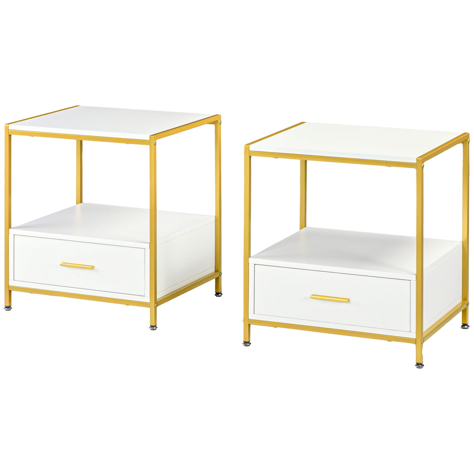 HOMCOM Set de 2 Masute Noptiere Moderne, Noptiere cu Sertar si Raft, Organizatoare de Depozitare, Alb si Auriu